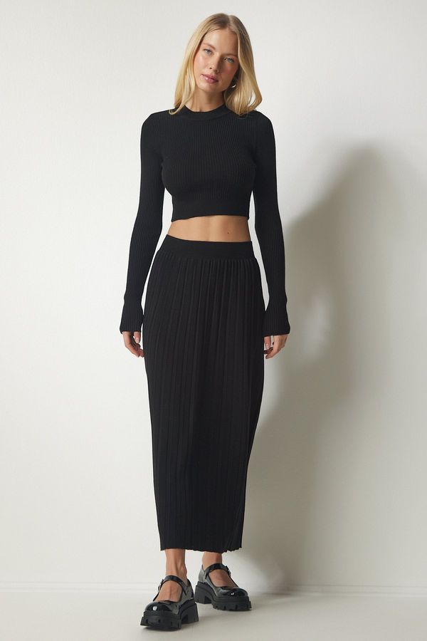 Happiness İstanbul Happiness İstanbul Women's Black Ribbed Knitwear Crop Skirt Suit