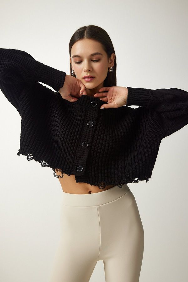 Happiness İstanbul Happiness İstanbul Women's Black Ripped Detailed Buttoned Crop Knitwear Cardigan