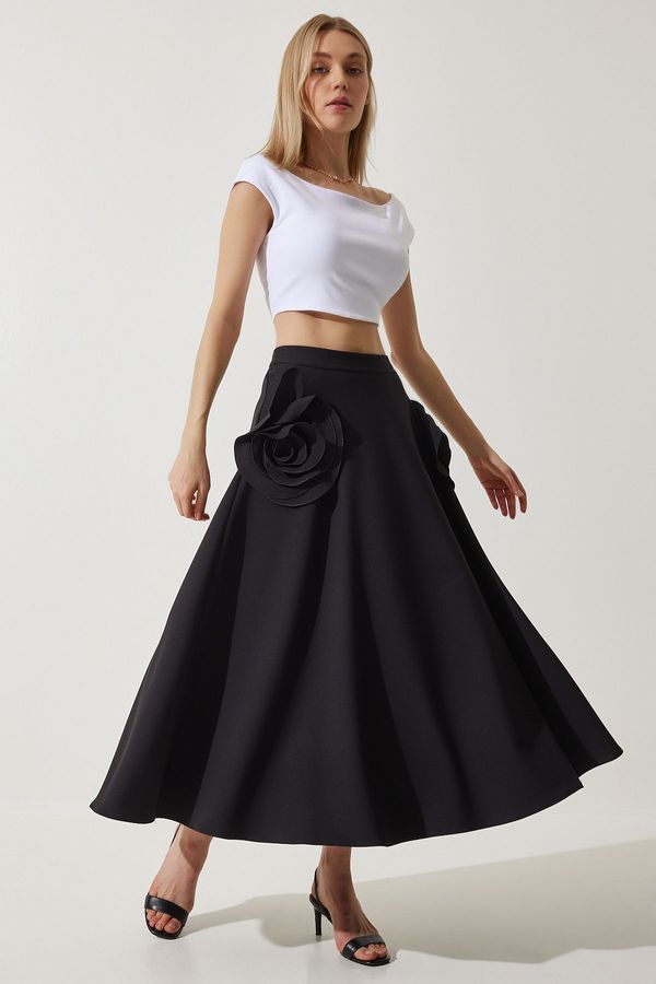 Happiness İstanbul Happiness İstanbul Women's Black Rose Accessory Design Premium Midi Skirt