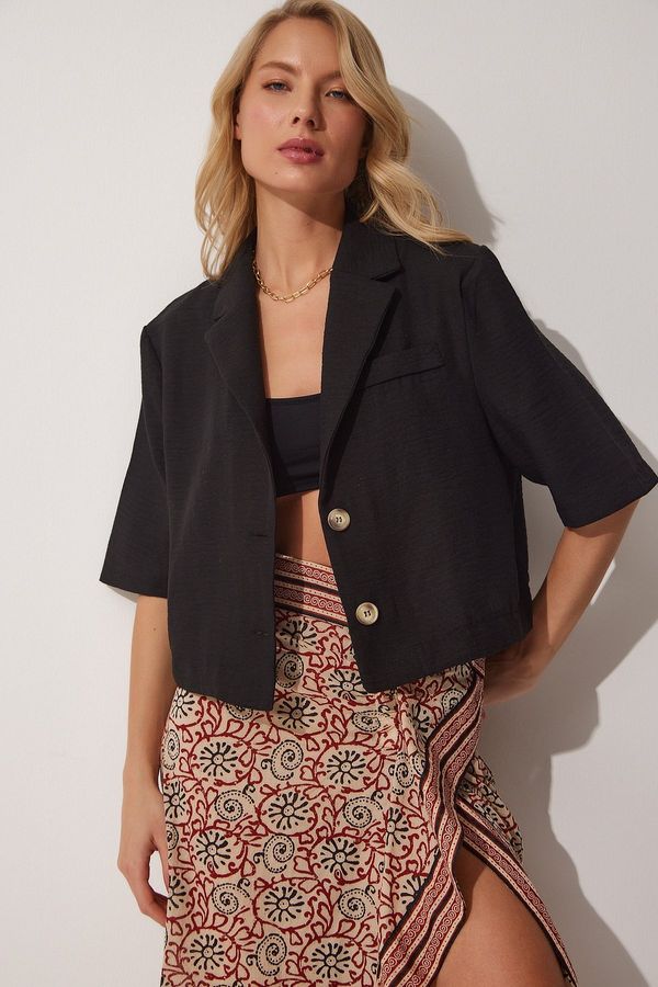 Happiness İstanbul Happiness İstanbul Women's Black Shawl Collar Summer Linen Jacket