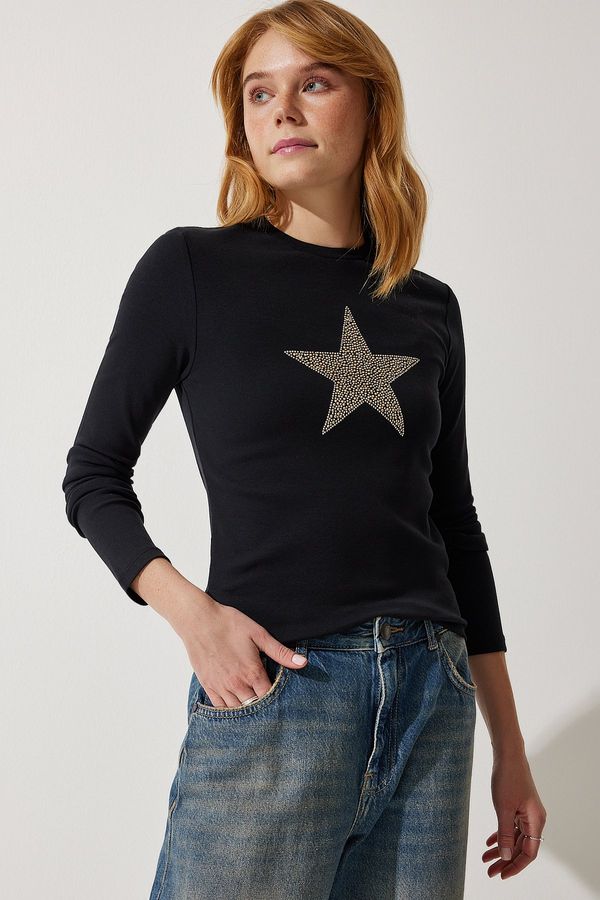 Happiness İstanbul Happiness İstanbul Women's Black Star Printed Knitted Blouse