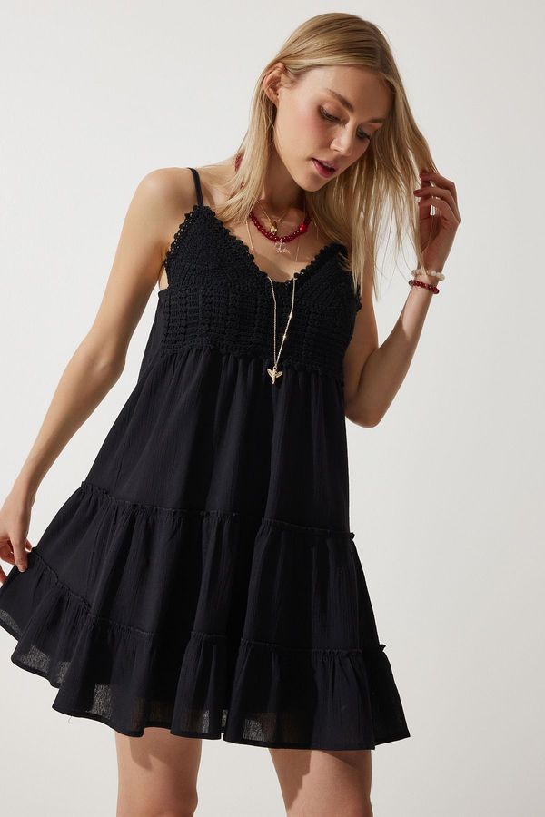 Happiness İstanbul Happiness İstanbul Women's Black Strap Laced Summer Mini Flared Dress