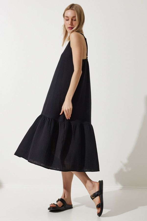 Happiness İstanbul Happiness İstanbul Women's Black Strap Summer Loose Muslin Dress