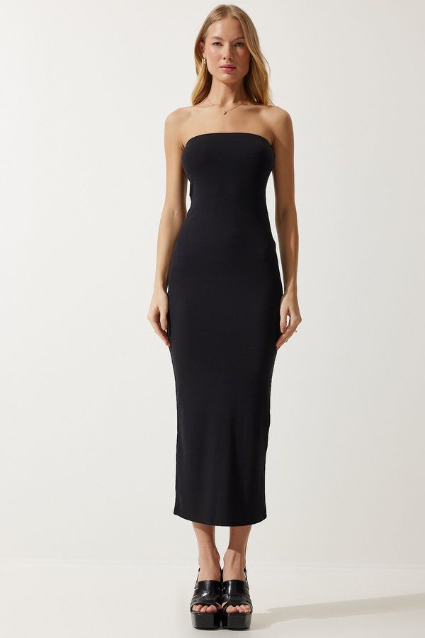 Happiness İstanbul Happiness İstanbul Women's Black Strapless Slit Saran Knitted Dress