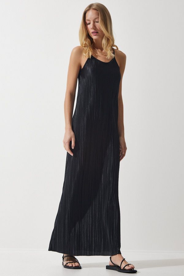 Happiness İstanbul Happiness İstanbul Women's Black Strappy Summer Pleated Dress