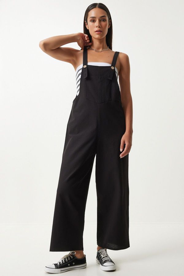 Happiness İstanbul Happiness İstanbul Women's Black Strappy Thin Gabardine Summer Gardener Overalls