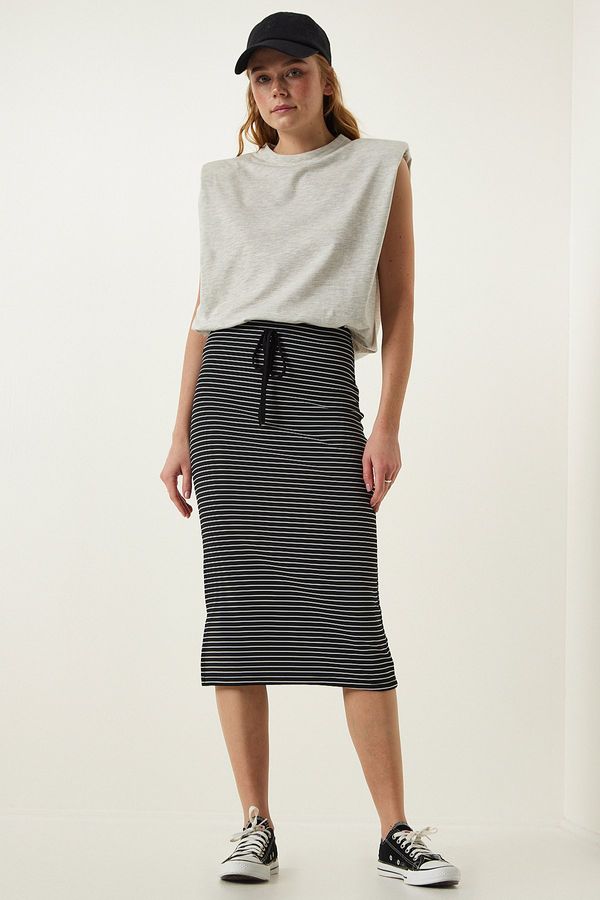 Happiness İstanbul Happiness İstanbul Women's Black Striped Slit Wrap Knitted Skirt