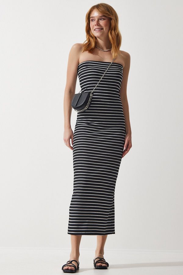 Happiness İstanbul Happiness İstanbul Women's Black Striped Strapless Collar Ribbed Summer Knitted Dress