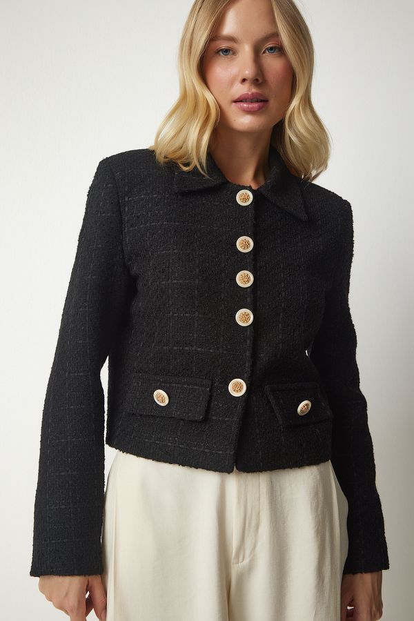 Happiness İstanbul Happiness İstanbul Women's Black Stylish Button Detailed Tweed Crop Jacket