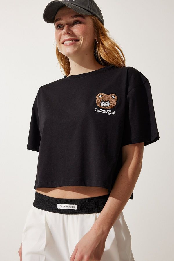 Happiness İstanbul Happiness İstanbul Women's Black Teddy Bear Crest Crop Knitted T-Shirt