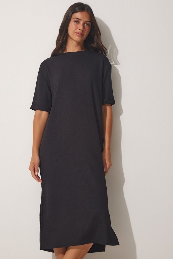 Happiness İstanbul Happiness İstanbul Women's Black Textured Daily Midi Knitted Dress