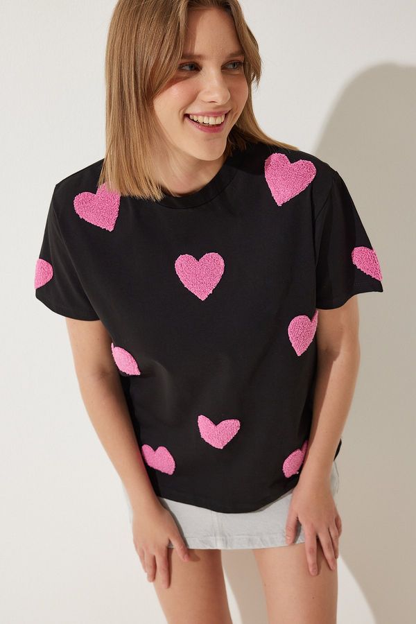 Happiness İstanbul Happiness İstanbul Women's Black Textured Heart Oversize Knitted T-Shirt