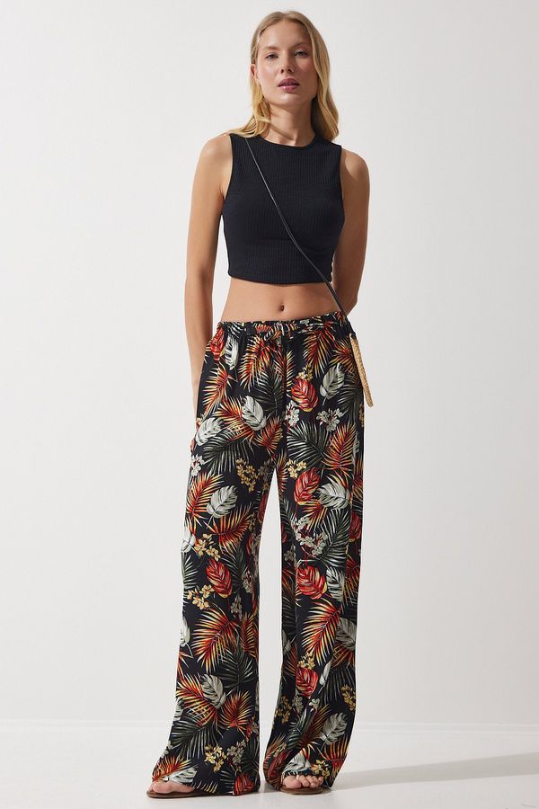 Happiness İstanbul Happiness İstanbul Women's Black Tile Patterned Flowing Viscose Palazzo Trousers