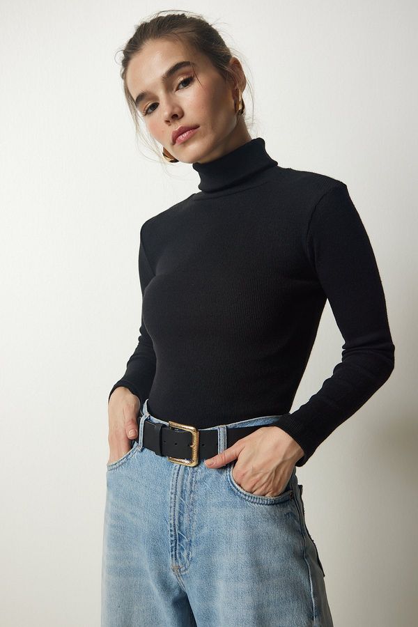 Happiness İstanbul Happiness İstanbul Women's Black Turtleneck Corduroy Knitted Blouse