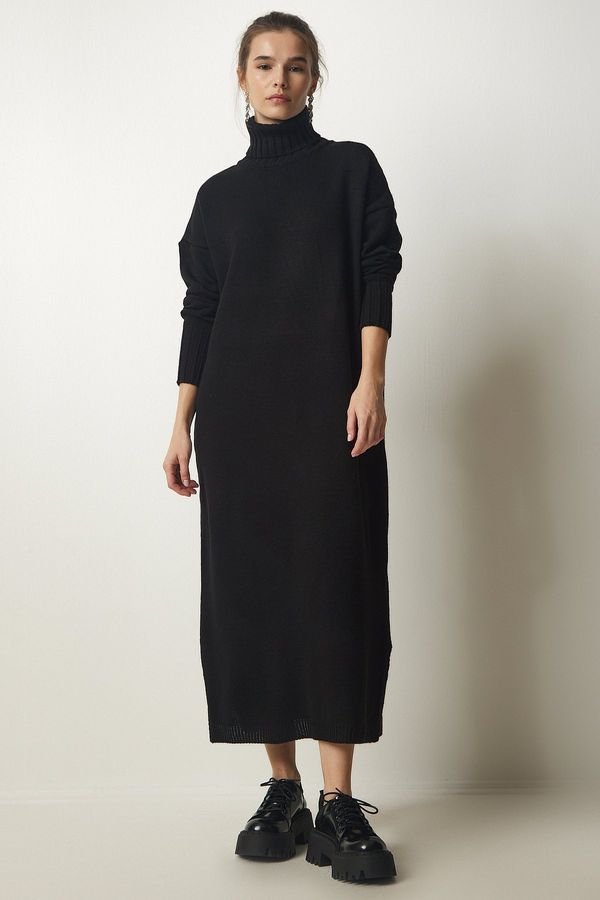 Happiness İstanbul Happiness İstanbul Women's Black Turtleneck Slit Oversize Knitwear Dress