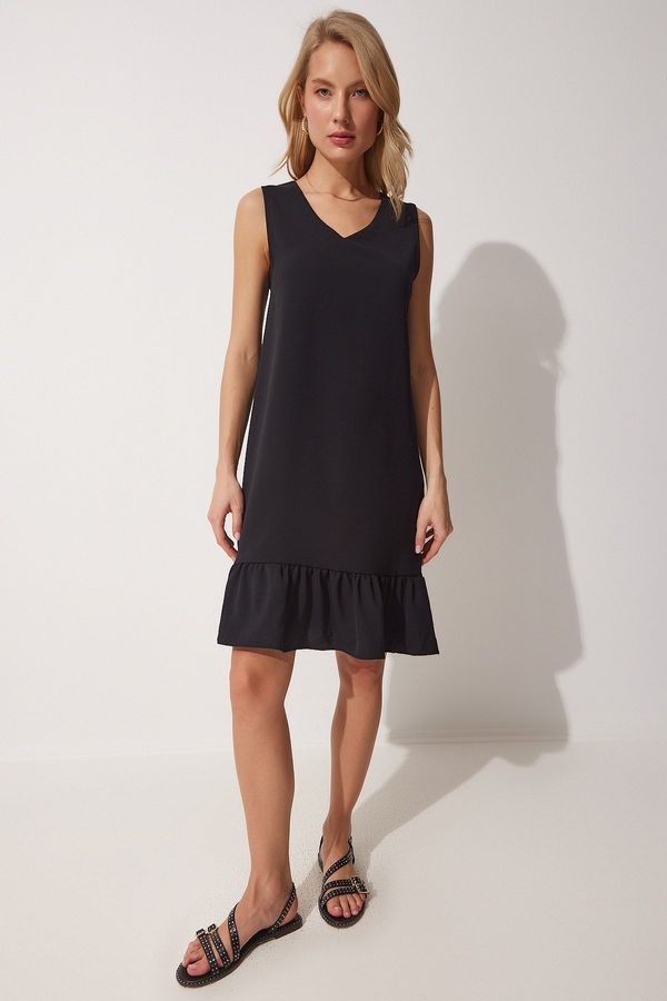 Happiness İstanbul Happiness İstanbul Women's Black V-neck Flounce Summer Woven Dress
