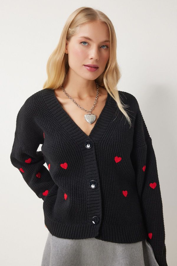 Happiness İstanbul Happiness İstanbul Women's Black V Neck Heart Textured Knitwear Cardigan