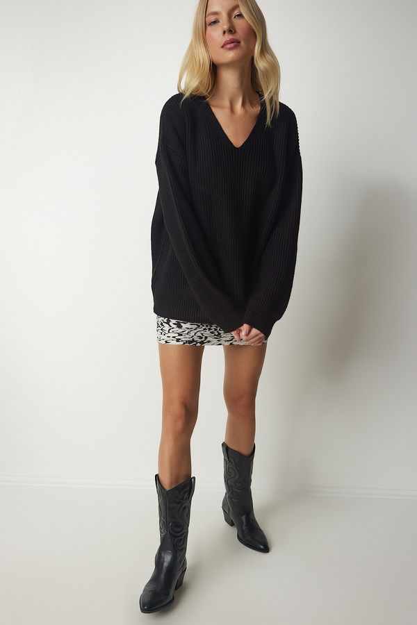 Happiness İstanbul Happiness İstanbul Women's Black V-Neck Oversize Basic Knitwear Sweater
