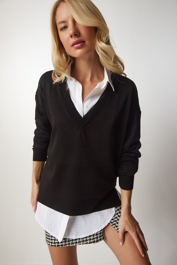 Happiness İstanbul Happiness İstanbul Women's Black V-Neck Oversize Knitwear Sweater
