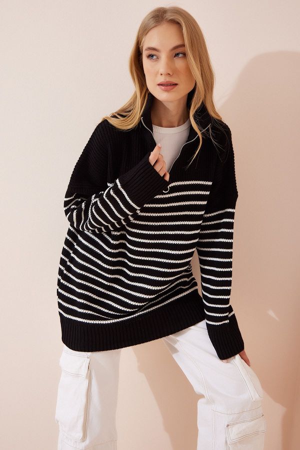 Happiness İstanbul Happiness İstanbul Women's Black Zipper High Neck Striped Long Oversize Sweater