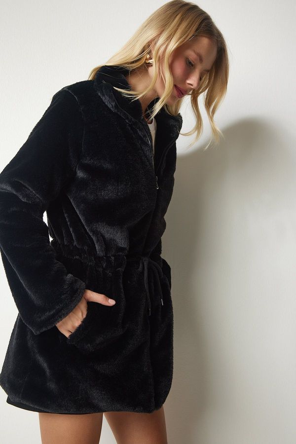 Happiness İstanbul Happiness İstanbul Women's Black Zippered Oversized Sheepskin Plush Coat