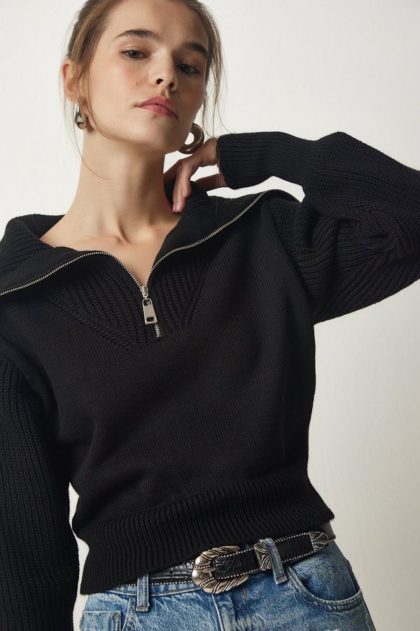 Happiness İstanbul Happiness İstanbul Women's Black Zippered Polo Neck Knitwear Sweater