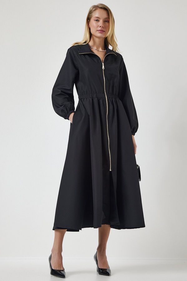 Happiness İstanbul Happiness İstanbul Women's Black Zippered Seasonal Woven Dress Trench Coat