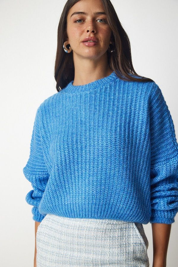 Happiness İstanbul Happiness İstanbul Women's Blue Balloon Sleeve Basic Knitwear Sweater