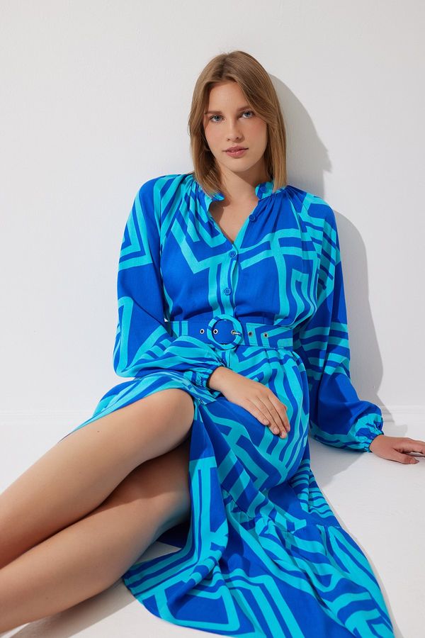 Happiness İstanbul Happiness İstanbul Women's Blue Belted Oversize Summer Viscose Dress