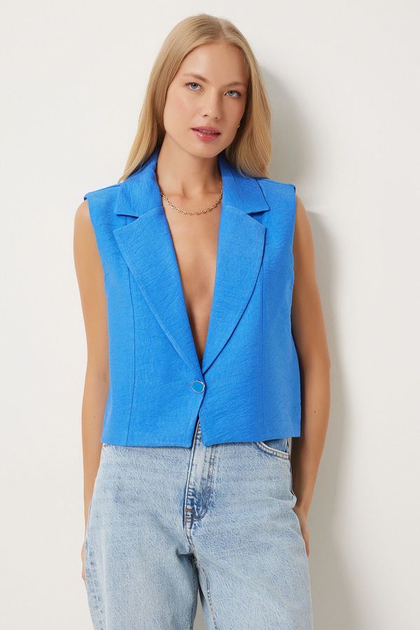 Happiness İstanbul Happiness İstanbul Women's Blue Buttoned Linen Vest