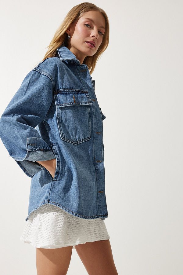 Happiness İstanbul Happiness İstanbul Women's Blue Denim Jacket with Pockets