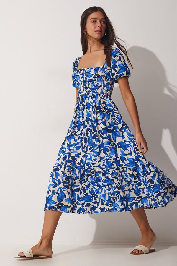 Happiness İstanbul Happiness İstanbul Women's Blue Floral Patterned Summer Viscose Dress