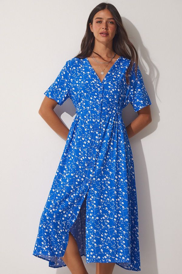 Happiness İstanbul Happiness İstanbul Women's Blue Floral Viscose Summer Dress with One Button