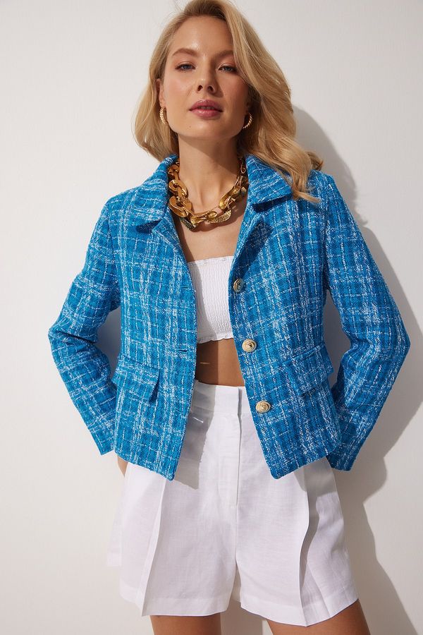 Happiness İstanbul Happiness İstanbul Women's Blue Gold Buttoned Crop Tweed Jacket