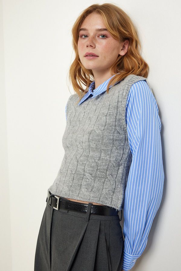 Happiness İstanbul Happiness İstanbul Women's Blue Gray Polo Collar Sweater Striped Shirt