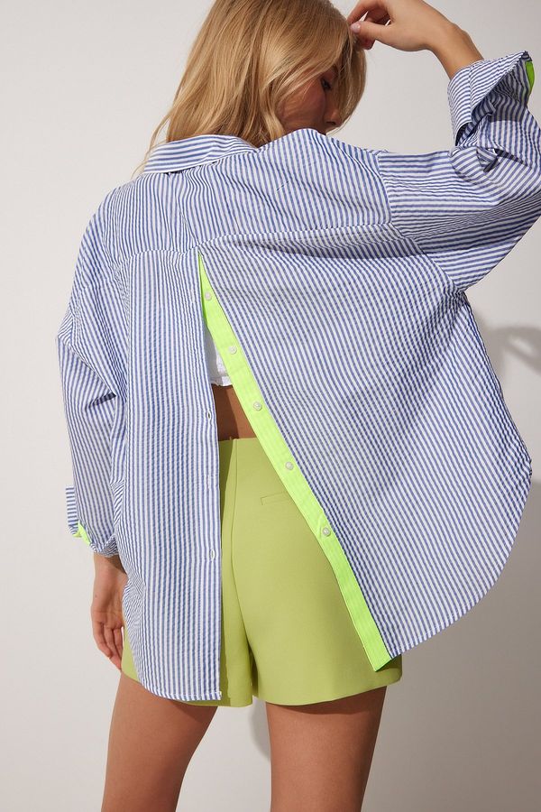 Happiness İstanbul Happiness İstanbul Women's Blue Green Ribbon And Button Detailed Striped Oversize Shirt