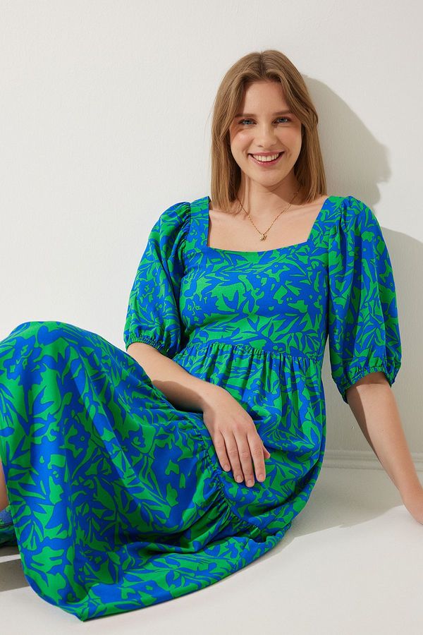 Happiness İstanbul Happiness İstanbul Women's Blue Green Square Collar Balloon Sleeve Viscose Dress