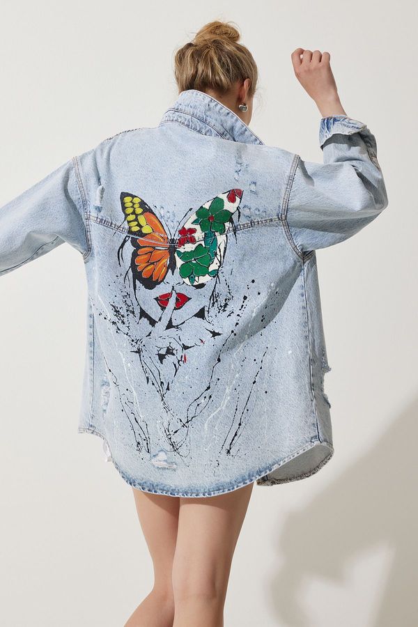 Happiness İstanbul Happiness İstanbul Women's Blue Handmade Painted Oversize Denim Jacket