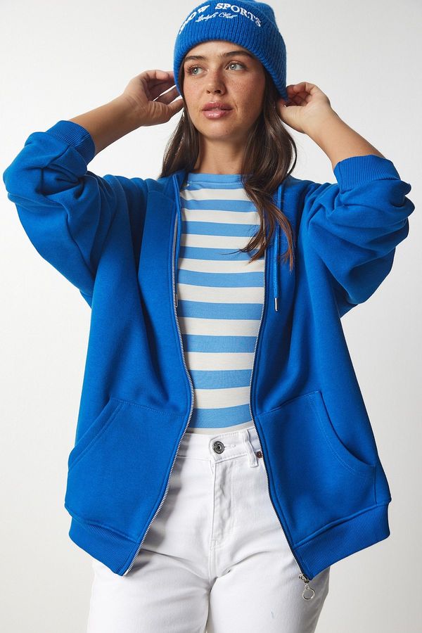 Happiness İstanbul Happiness İstanbul Women's Blue Hooded Zipper Oversize Sweatshirt