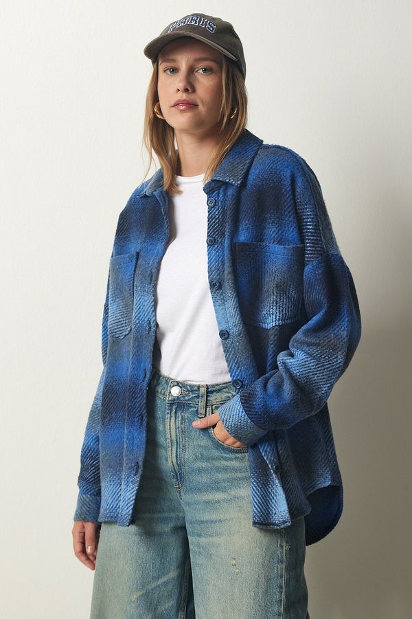 Happiness İstanbul Happiness İstanbul Women's Blue Lumberjack Oversize Cachet Shirt Jacket