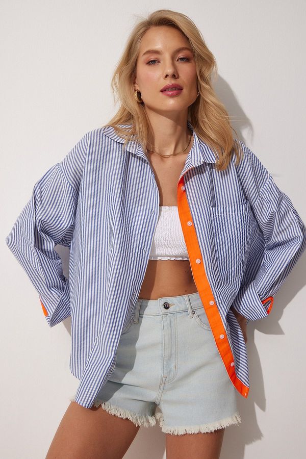 Happiness İstanbul Happiness İstanbul Women's Blue Orange Ribbon And Button Detailed Striped Oversize Shirt