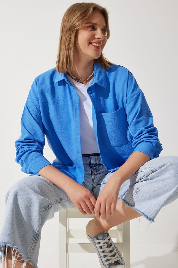 Happiness İstanbul Happiness İstanbul Women's Blue Oversize Linen Ayrobin Shirt