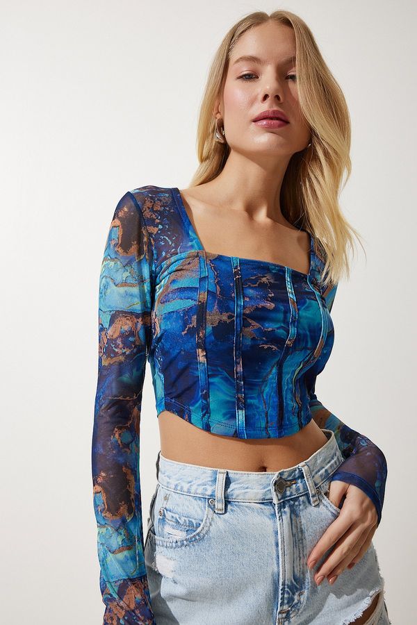 Happiness İstanbul Happiness İstanbul Women's Blue Patterned Crop Chiffon Blouse