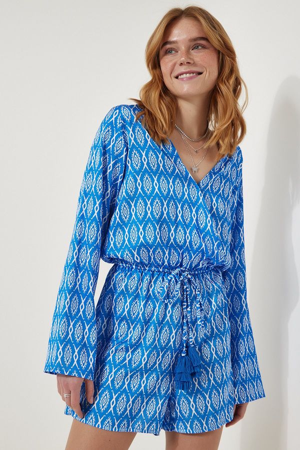 Happiness İstanbul Happiness İstanbul Women's Blue Patterned Satin Finish Elegant Jumpsuit