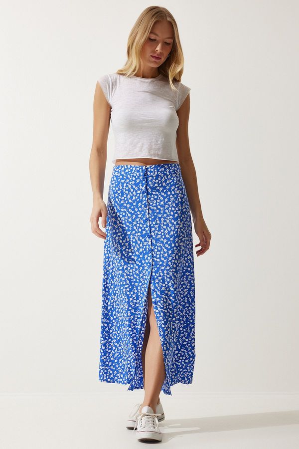 Happiness İstanbul Happiness İstanbul Women's Blue Patterned Slit Viscose Skirt