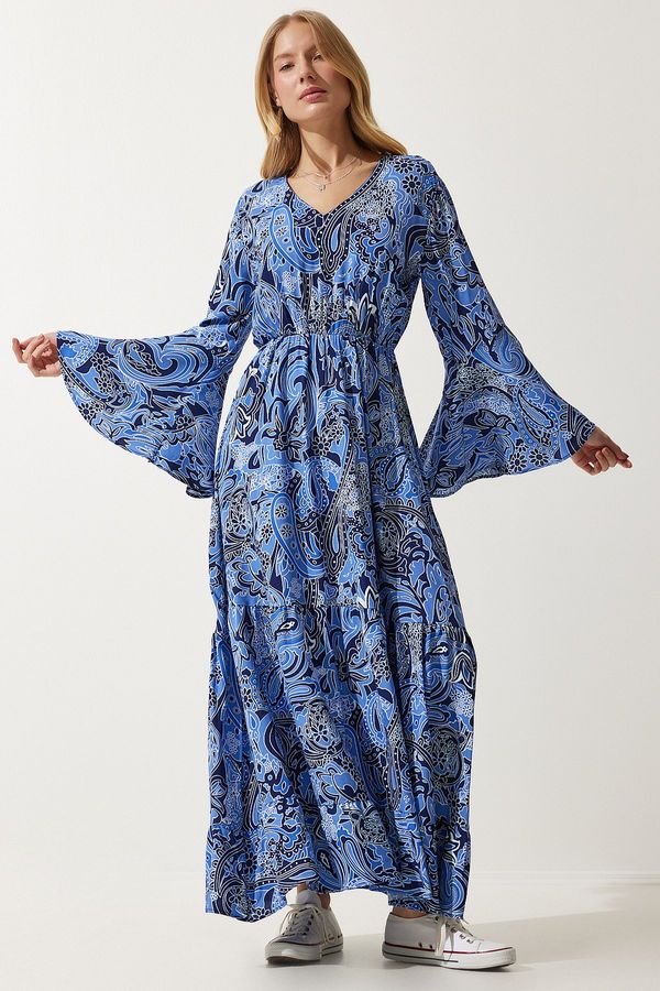 Happiness İstanbul Happiness İstanbul Women's Blue Patterned Summer Viscose Dress