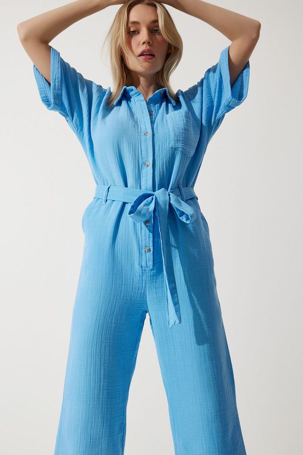 Happiness İstanbul Happiness İstanbul Women's Blue Premium Belted Muslin Jumpsuit