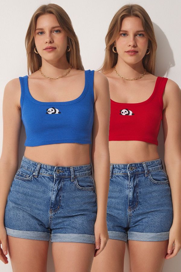 Happiness İstanbul Happiness İstanbul Women's Blue Red 2-pack Panda Embroidery Knitted Crop Blouse