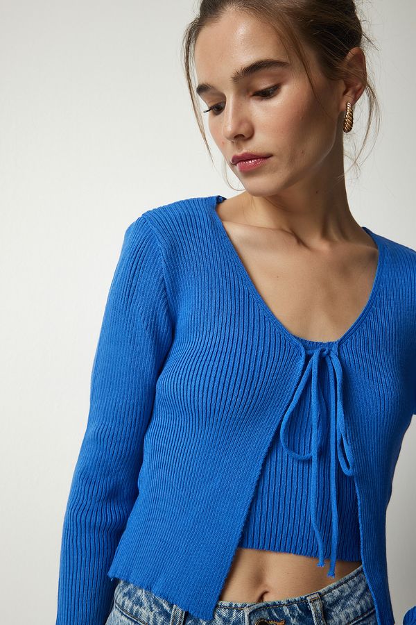 Happiness İstanbul Happiness İstanbul Women's Blue Ribbed Knitwear Crop Cardigan Suit