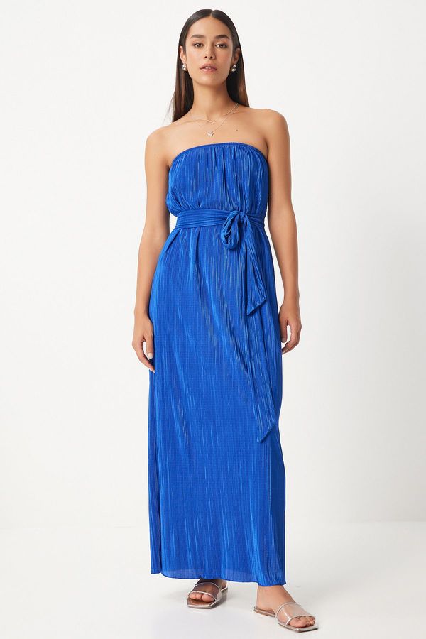 Happiness İstanbul Happiness İstanbul Women's Blue Strapless Belted Pleated Dress